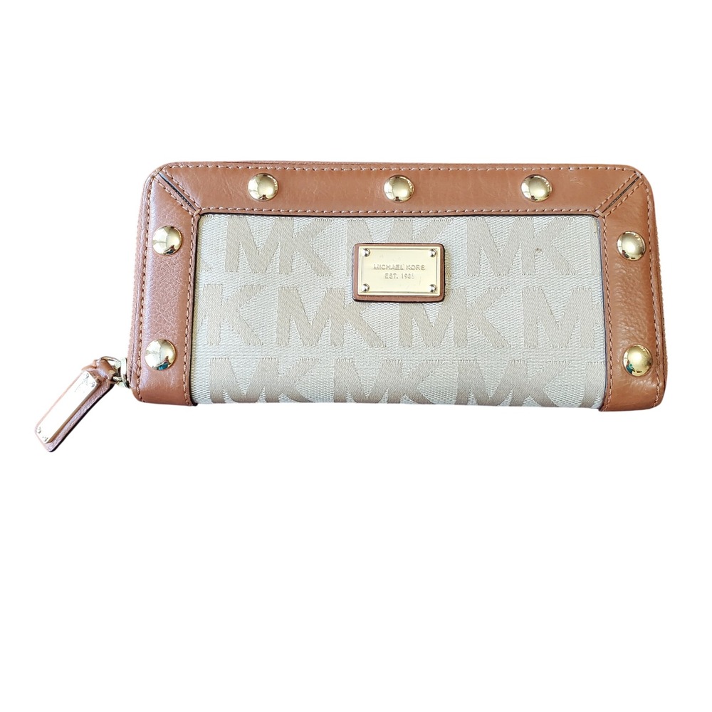 Michael Kors Monogram Studded Zip Around Wallet Tan Brown Gold Hardware